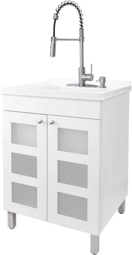 Vista 10 de JS Jackson Supplies - Fregadero blanco en tocador blanco, grifo de bobina desplegable negro mate, dispensador de jabón y armario espacioso