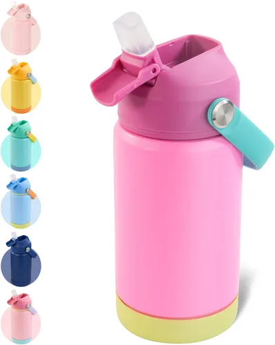Vista 24 de Kerilyn - Botella de agua para niños, de acero inoxidable, con pajilla a prueba de fugas, con aislamiento térmico, libre de bisfenol A, unisex