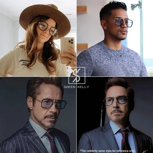 Vista 4 de Lentes de sol retro con marco de metal cuadrado para hombres y mujeres lentes de sol Tony Stark Downey Iron Man el mismo color lente gris degradado