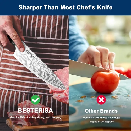 Vista 2 de Cuchillo de chef profesional de 8 pulgadas, acero inoxidable alemán, ultra afilado, para carne vegetal, con protector de cuchillo