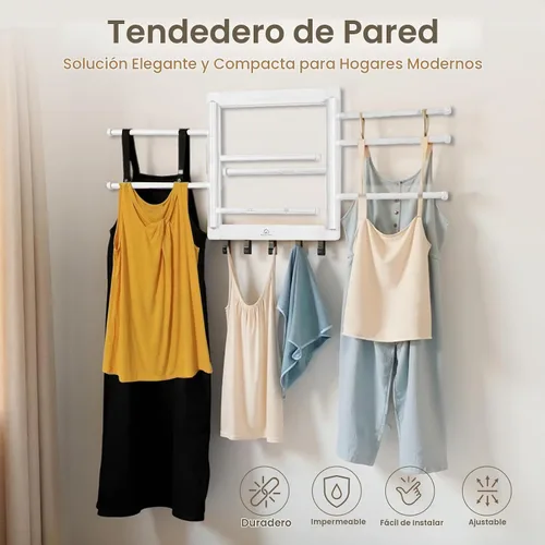 Vista 2 de Estante de Secado de Bambú para Montaje en Pared para Lavandería – Secadora de Ropa Plegable Colapsible con 8 Brazos y 5 Ganchos, Colgador Secador