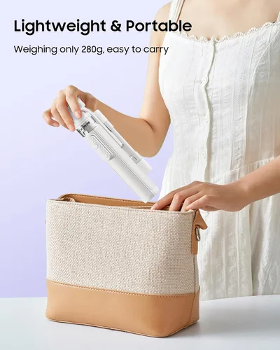 Vista 8 de Trípode para selfie stick de 53 pulgadas con luz, soporte mejorado para teléfono celular de 4 patas, trípode para cámara con control remoto Blanco a