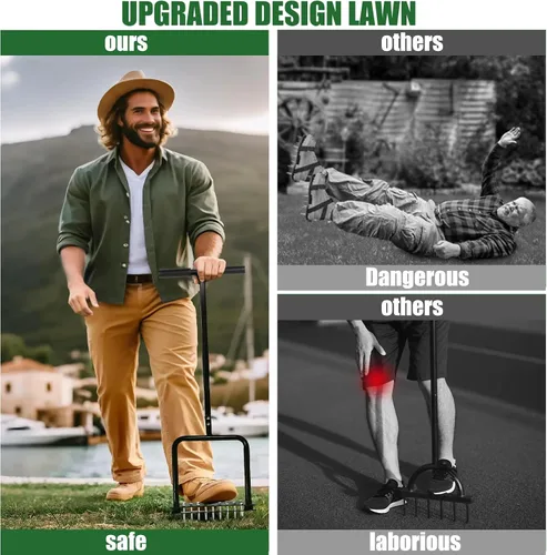 Vista 4 de Herramienta aireadora de césped, herramienta manual de acero inoxidable con base de resorte, diseño automático de limpieza de suciedad y hojas