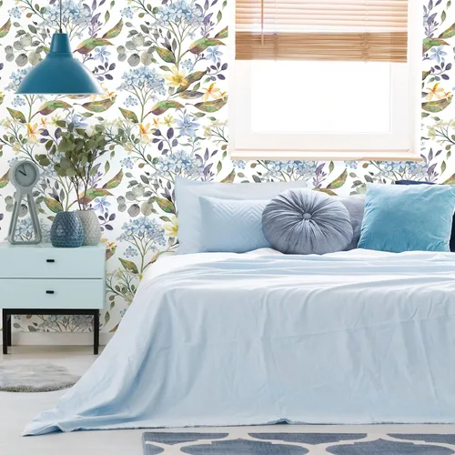 Vista 3 de VEELIKE Papel tapiz de flores de hortensias azules de 17.7 x 118 pulgadas, para despegar y pegar, papel tapiz floral de hojas de eucalipto