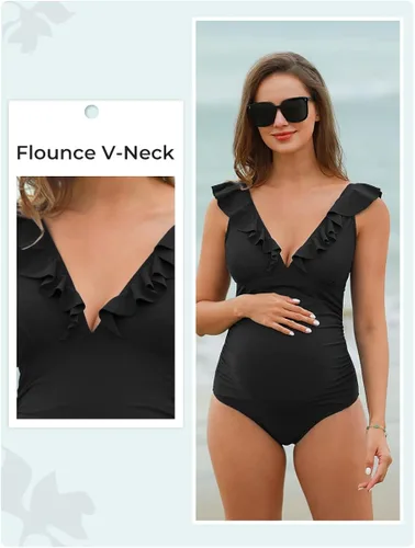 Vista 3 de Summer Mae Traje de baño de maternidad con cuello en V traje de baño de una pieza con volantes y cordones