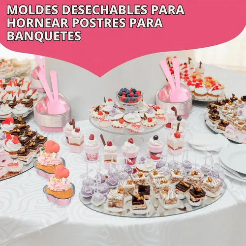 Vista 7 de Nuogo 30 juegos de mini moldes para tartas de corazón con tapas y cucharas de 1.86 onzas / 1.9 fl oz Mini papel de aluminio en forma de corazón Rosa
