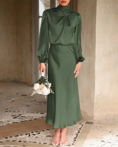 Vista 2 de BTFBM Vestido de satén con cuello alto falso para mujer, elegante, manga larga, cintura alta, formal, para boda, cóctel, fiesta, maxi vestidos