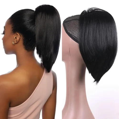 Vista 12 de Extensión de cola de caballo de cabello humano de 12 pulgadas con cordón rizado profundo para mujeres negras, extensión rizada 3C, color negro