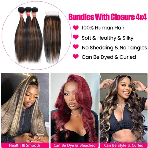 Vista 6 de Extensiones de cabello humano marrón con reflejos de Haha con cierre, extensiones lisas con cierre ombre, extensiones de cabello humano con cierre