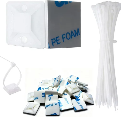 Vista 8 de Kit de soportes de cable con pegamento trasero autoadhesivo fuerte - 100 piezas de clips de gestión de cables con bridas de 6 pulgadas, soportes