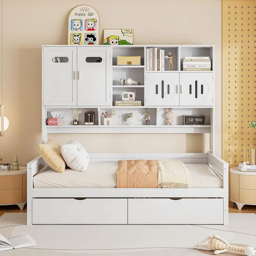 Vista 27 de VilroCaz Cama de sofá de tamaño individual de madera con estantes de almacenamiento y escritorio de estudio, estructura de cama de día Blanco