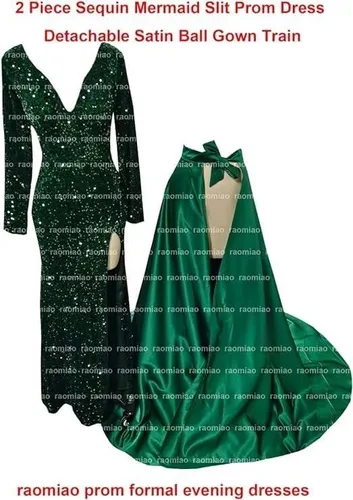 Vista 9 de Vestido de fiesta de lentejuelas de manga larga con cuello en V, vestido de fiesta dividido de satén con cola desmontable, vestido de noche formal
