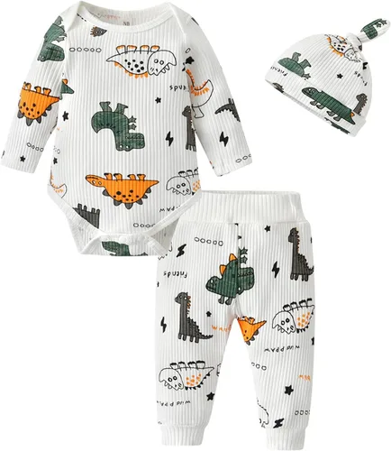 Vista 14 de Conjunto de 3 piezas de ropa de bebé recién nacido con estampado de manga larga + pantalones + sombrero