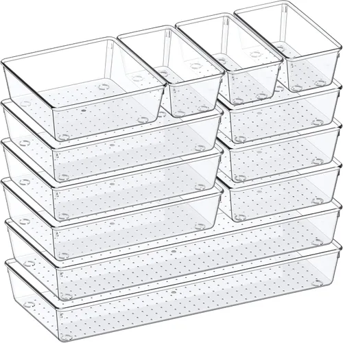 Vista 9 de Juego de 12 organizadores grandes de plástico transparente para cajones, organizador de baño acrílico, bandejas divisoras, organizadores de cocina