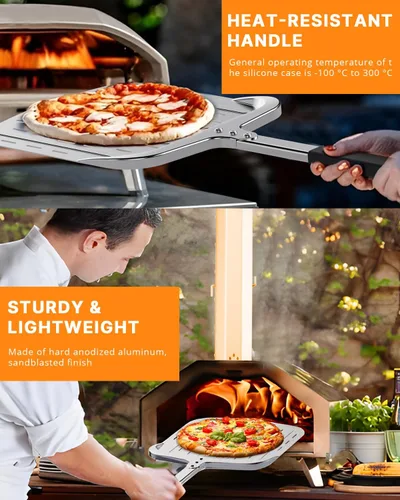 Vista 5 de Pala de pizza de 12 pulgadas, pala de aluminio para pizza (12 x 13.7 pulgadas) con diseño perforado y mango resistente al calor, herramienta