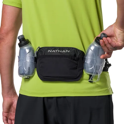 Vista 4 de Nathan Cinturón de Hidratación para Correr con Botellas, Bolsillos de Almacenamiento, Trail Mix Plus, Cinturón de Botella de Agua para Correr, Negro