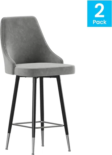 Vista 4 de Flash Furniture Shelly - Juego de 2 taburetes de bar comerciales de altura de mostrador, tapicería LeatherSoft gris, marcos de metal negro, 26