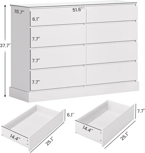 Vista 2 de EPHEX Cómoda de dormitorio con 8 cajones, cómoda doble grande blanca, moderna cómoda organizadora de almacenamiento para dormitorio, sala de estar