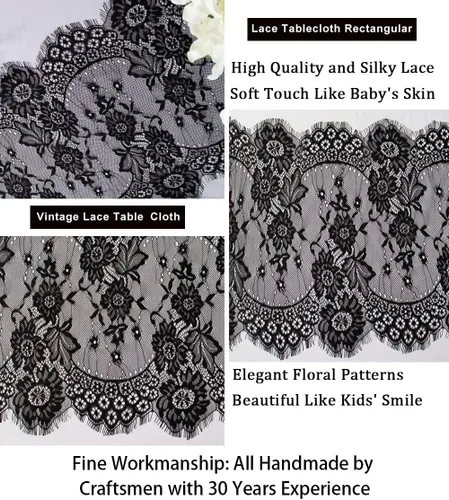 Vista 4 de ShinyBeauty Camino de mesa de encaje negro de 13 x 120 pulgadas, mantel de encaje floral vintage, tela de encaje bordada, caminos de mesa negros