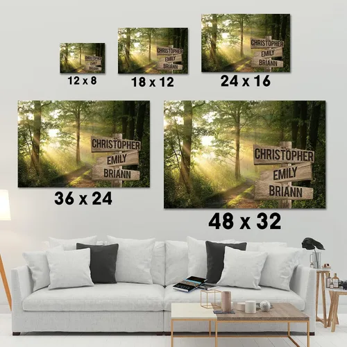 Vista 6 de MySoulAndSpirit Store - Lienzo personalizado con múltiples nombres de sol a través del bosque, arte de pared personalizado con nombre de la familia