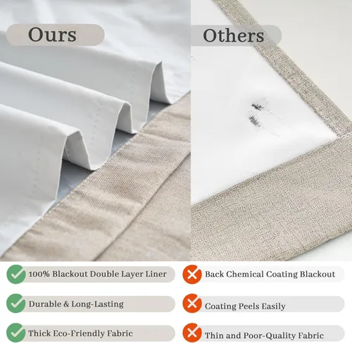 Vista 4 de Cortinas opacas completas de 63 pulgadas de largo para dormitorio, cortinas texturizadas de lino beige con forro con aislamiento térmico, cortinas