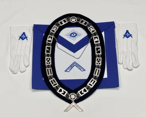 Vista 4 de MASONIC REGALIYA - Juego completo de collar de cadena, delantal, guantes y joyas, lote de 12, Azul