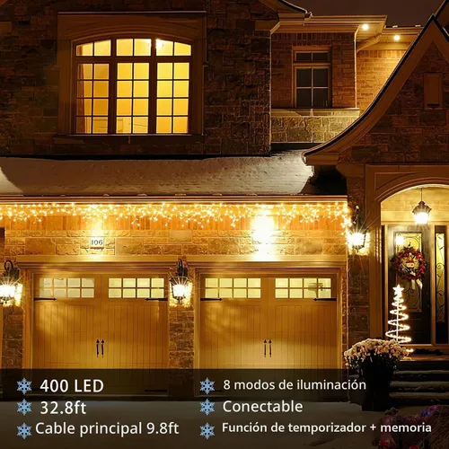 Vista 5 de Guirnalda de luces LED de carámbano de 32.8 pies, 8 modos, impermeable, luces de Navidad para exteriores con función de memoria, cortina de luces