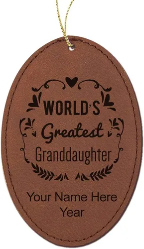 Vista 8 de LaserGram Personalized Christmas Ornament, World's Greatest Granddaughter, Faux Leather, Custom Laser Engraved Gift Idea (Oval Shape, Rustic)
