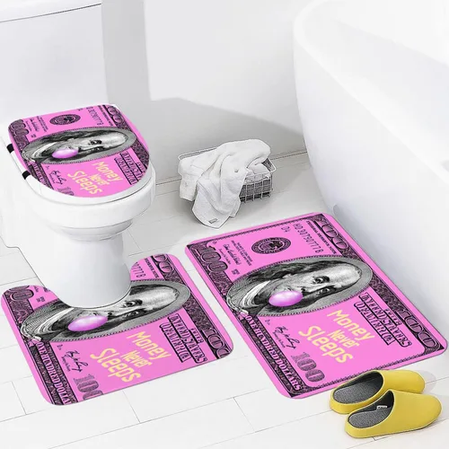Vista 11 de GUBIYU Juego de alfombras de baño de 100 dólares, color negro y dorado, juego de alfombras de baño con dinero, tapete de baño antideslizante