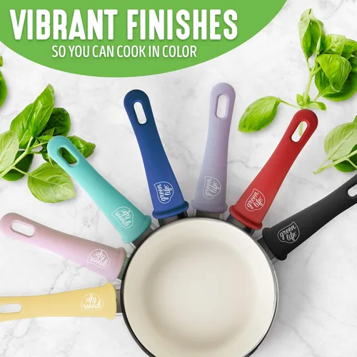 Vista 2 de GreenLife Soft Grip - Juego de ollas y sartenes antiadherentes de cerámica saludable, 16 piezas, azul y utensilios para hornear de cerámica