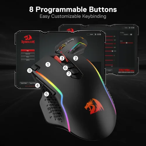 Vista 8 de Redragon M810 Pro - Mouse inalámbrico para juegos, 10000 DPI con cableinalámbrico con llave de fuego rápido, 8 botones macro, capacidad