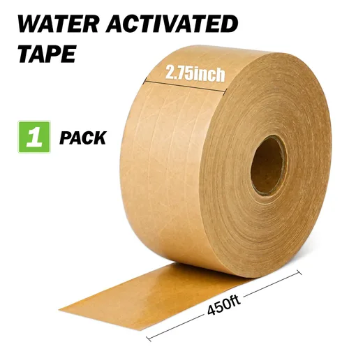 Vista 2 de Cinta de papel Kraft activada por agua 2.75 pulgadas x 450 pies Cinta de embalaje marrón reforzada Cinta de cartón fuerte para caja de embalaje