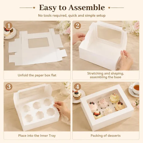 Vista 4 de Pralb Paquete de 20 cajas blancas para cupcakes con insertos, 6 soportes, cajas blancas estándar de panadería con ventana de PVC, recipientes