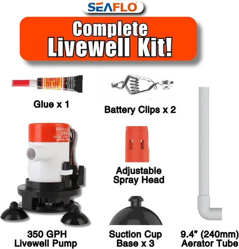 Vista 4 de SEAFLO Kit de bomba de aireación Livewell portátil serie 09 – 12 V, 350 GPH, sumergible, cabezal rociador ajustable, funcionamiento silencioso