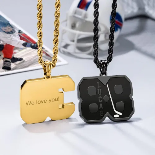 Vista 3 de Collar con números personalizados de acero inoxidable con grabado en la parte trasera y nombre, collar con colgante de nombre deportivo, cadena