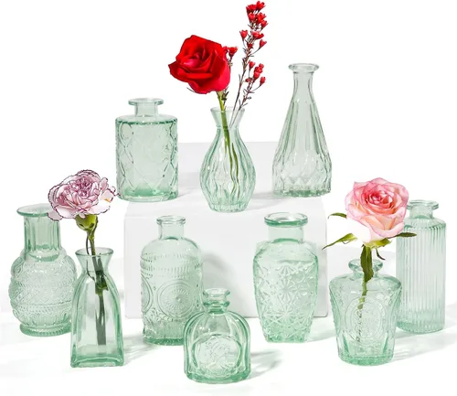 Vista 10 de Juego de 10 jarrones de cristal ámbar, pequeños jarrones de flores para decoración de boda