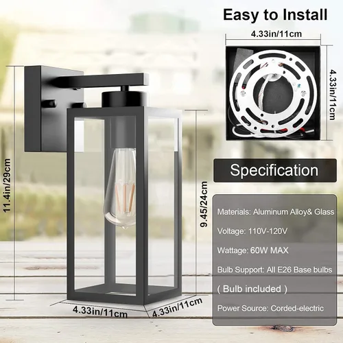 Vista 7 de Tipace Paquete de 2 faroles de pared para exteriores con sensor de atardecer a amanecer, accesorios de luz exterior con sensor negro mate, aplique