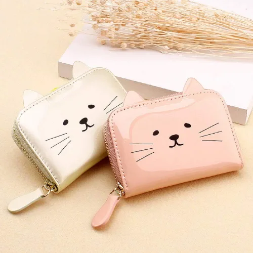 Vista 3 de JIUFENG Cartera para mujer con bloqueo RFID, bonito diseño de gato, con cremallera, multiusos, tarjetero pequeño