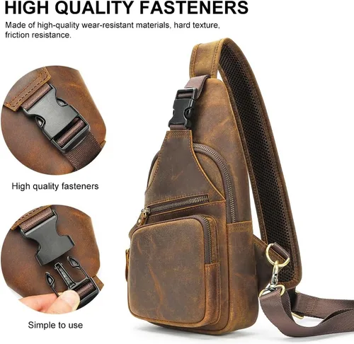 Vista 5 de NIUCUNZH Bolso bandolera de cuero genuino con cierre de metal frontal, hecho a mano, estilo vintage, mochila de hombro para mujeres y hombres, Crazy