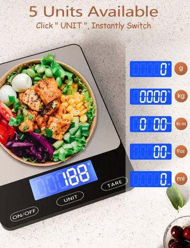 Vista 2 de Báscula digital de cocina de 33 libras para alimentos, onzas, recargable, acero inoxidable 304, baterías y carga tipo C, perfecta para preparar