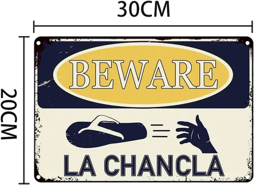Vista 2 de Beware Of La Chancla - Cartel de lata divertido de 12 x 8 pulgadas, latino hispano, latino, latino, latino, latino, decoración del hogar, bodega