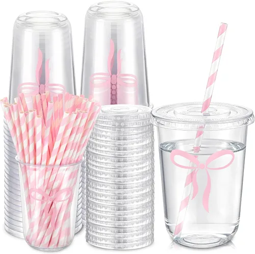 Vista 11 de LemonRoad - Juego de 50 tazas de lazo rosa de 16 onzas para decoración