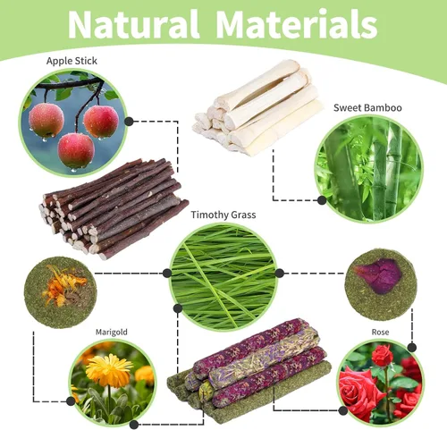 Vista 3 de 40-50 juguetes masticables de conejo, conejillo de indias, hámster, juguetes masticables de conejo, bambú dulce, palo de manzana, palo de Timothy