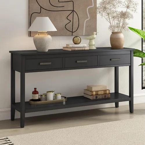 Vista 3 de Mesa consola moderna, mesa de sofá con 3 cajones y 1 estante, mesa de entrada para entrada, pasillo, sala de estar, vestíbulo, pasillo