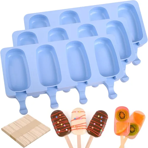 Vista 14 de Sakolla - Juego de moldes de silicona para paletas de hielo, 4 cavidades, moldes para helado ovalados con 50 palos de madera