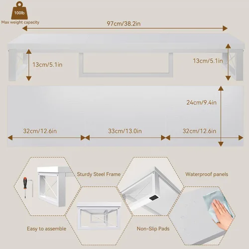 Vista 4 de IBUYKE Soporte elevador grande para monitor doble para 2 monitores, soporte de madera para monitor de computadora de escritorio, estante de Blanco
