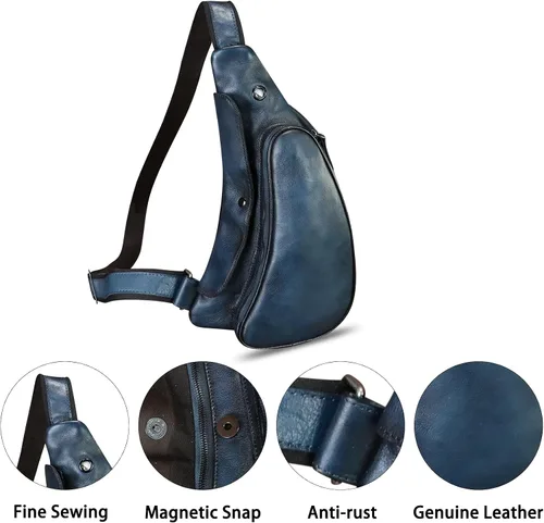 Vista 2 de Bolso de cuero genuino para mujeres y hombres, mochila de cuero retro para el pecho, bolso cruzado