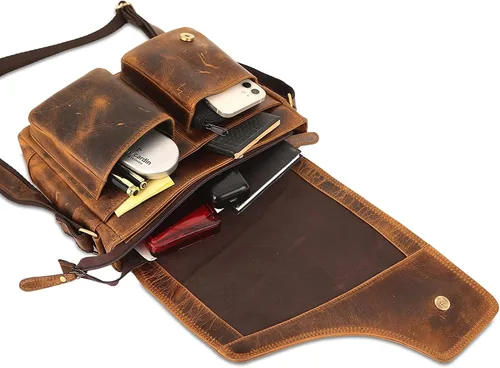 Vista 7 de WILD HOOK Bolso bandolera de cuero auténtico, bolso bandolera para viajes, trabajo, negocios, hombres y mujeres, Marrón Vintage