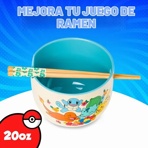 Vista 2 de Silver Buffalo Pokemon Spring Flowers con Pikachu, Bulbasaur, Squirtle y Charmander Tazón de cerámica para fideos ramen y arroz con palillos, apto