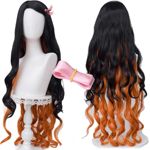 Vista 3 de SL Pelucas para disfraz de cosplay de Nezuko DS Anime Cosplay largo rizado naranja y negro pelucas con gorra